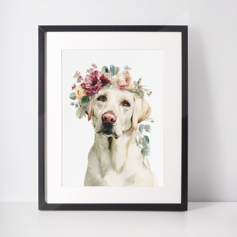 Watercolor Labrador Retriever with Flower Crown Portrait Wall Art Print Unframed - Picture 3 of 7